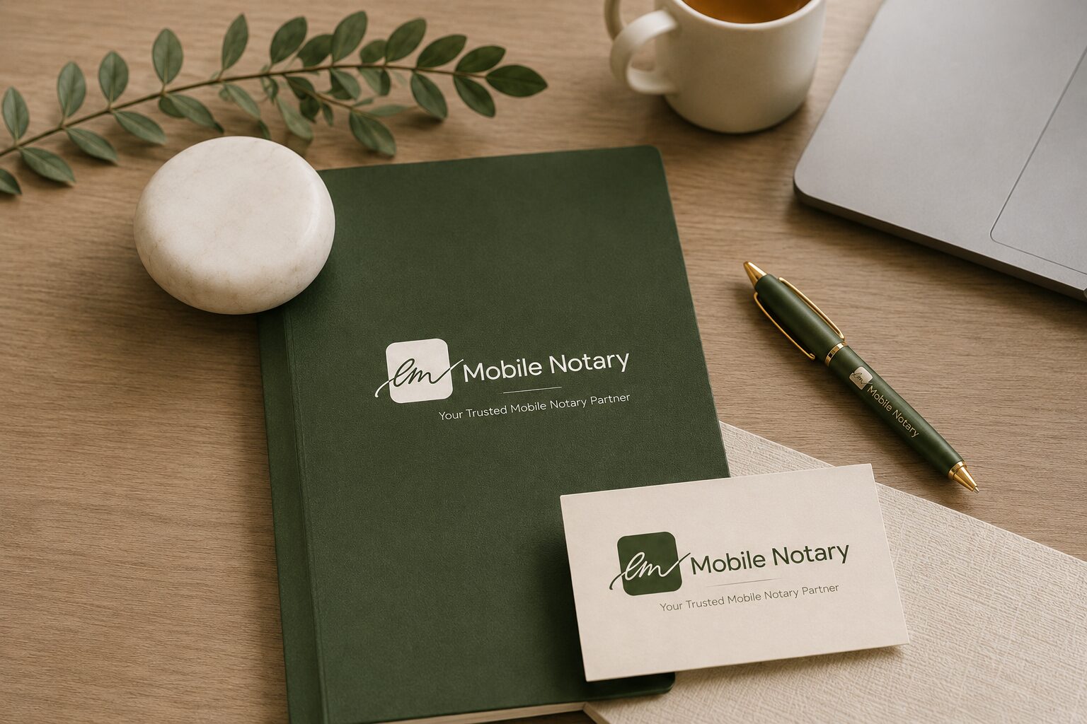 EM Mobile Notary notebook, business card and pen on a warm wooden desk